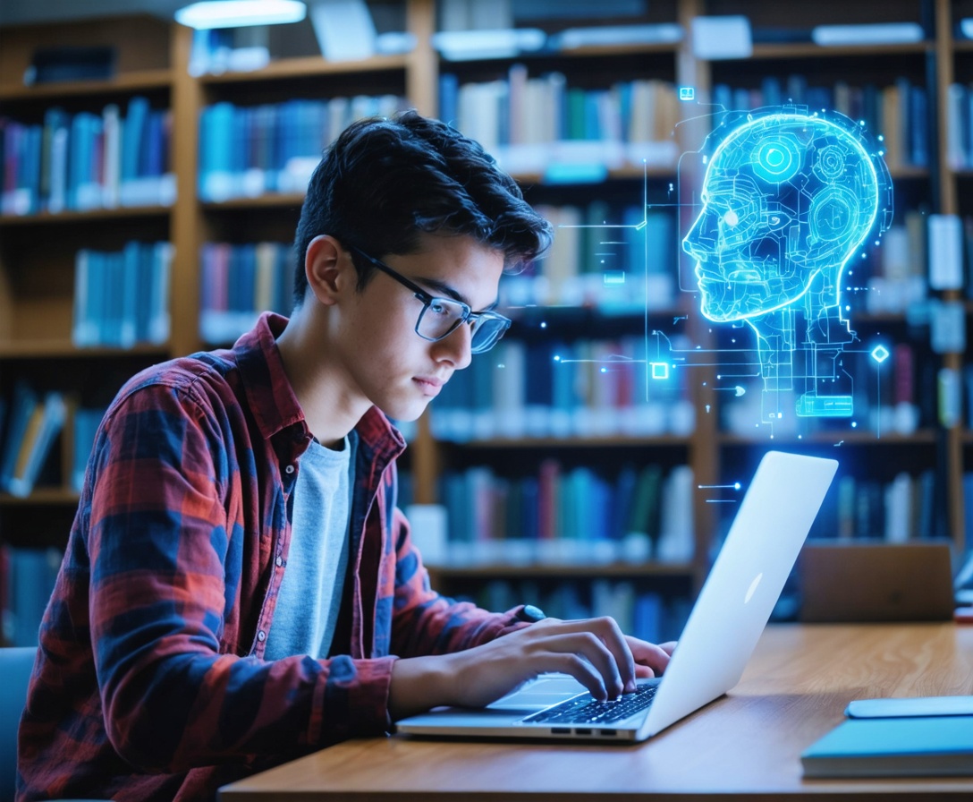 Student in einer modernen Bibliothek konzentriert bei der Programmierarbeit