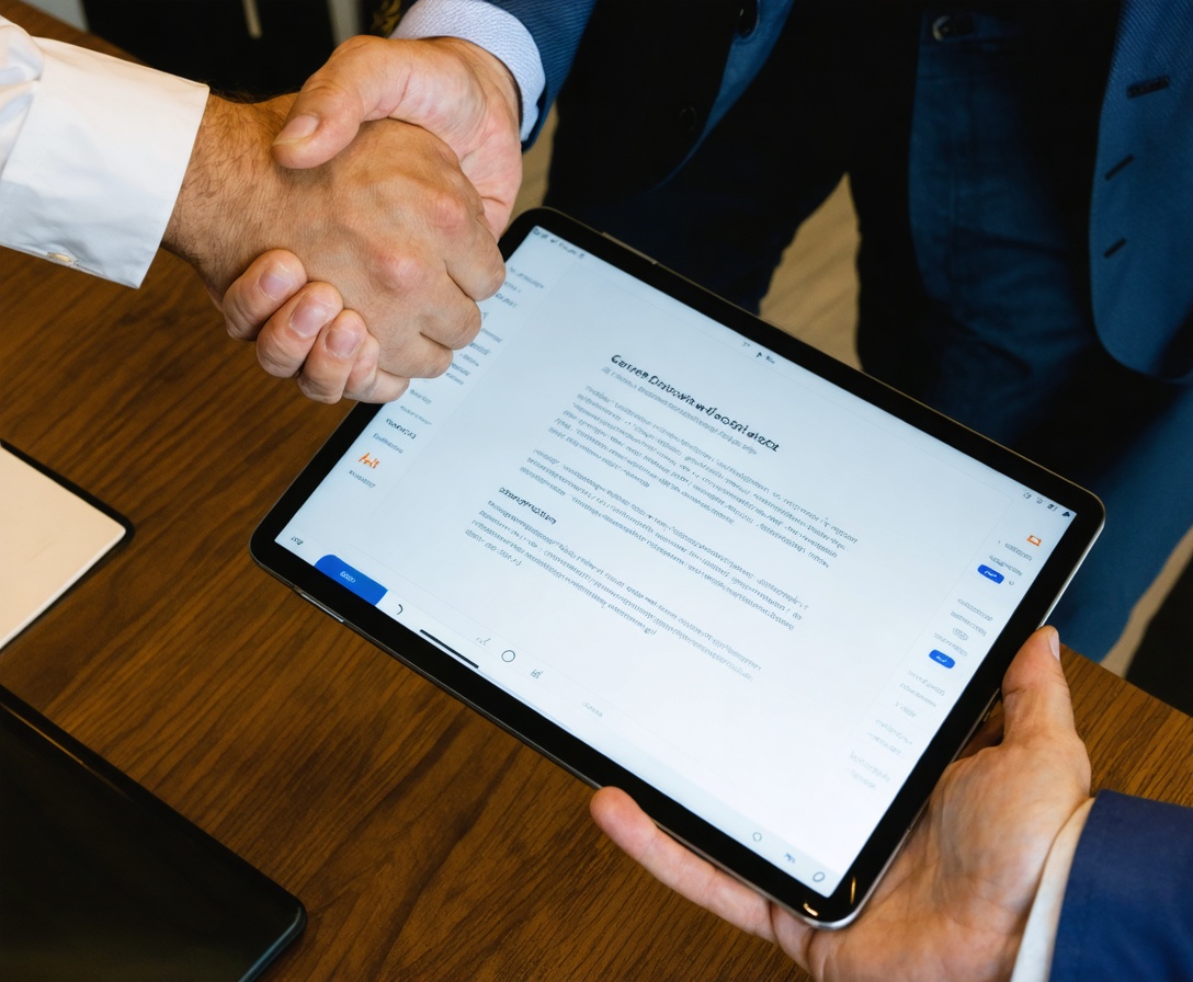 Profis schütteln sich die Hände über einem digitalen Tablet als Symbol für Vertragsschluss