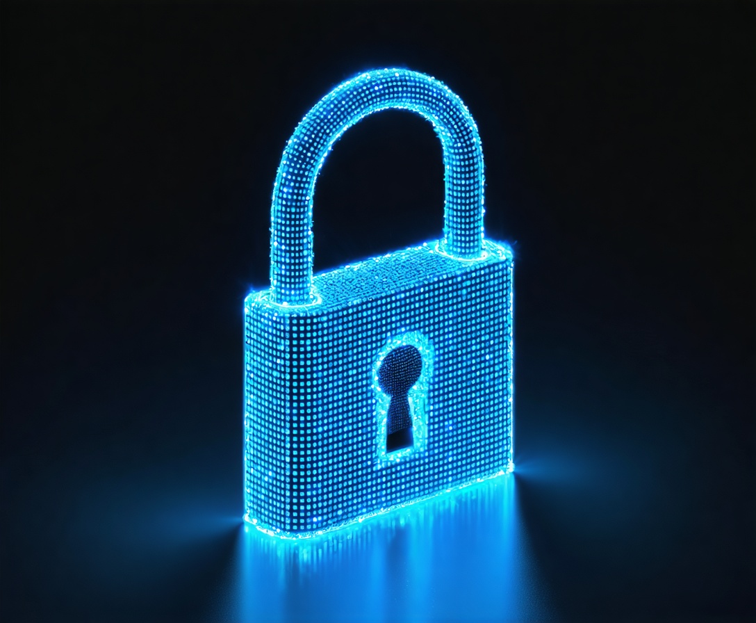 Digitale Sicherheit symbolisiert durch ein leuchtendes Schloss aus Code-Partikeln