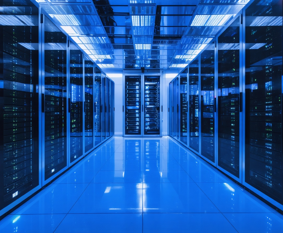 Moderner Serverraum mit blauer Beleuchtung als Symbol für leistungsstarke Cloud-Infrastruktur